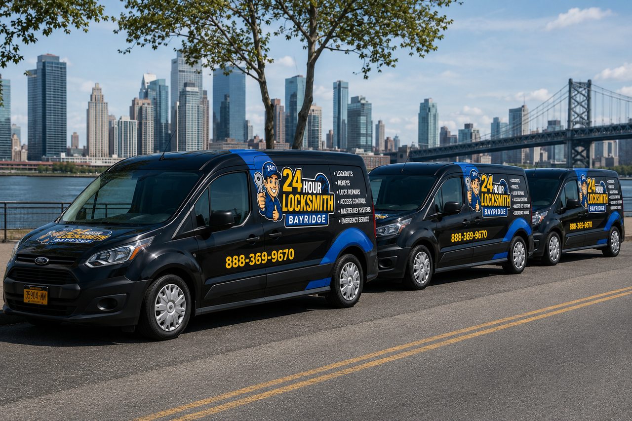 24 Hour Locksmith Bay Ridge vans by the Bay Ridge waterfront with the Verrazzano behind